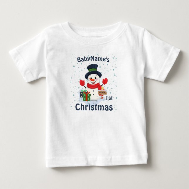 Min första jul med namn söta snögubbar t shirt (Framsida)