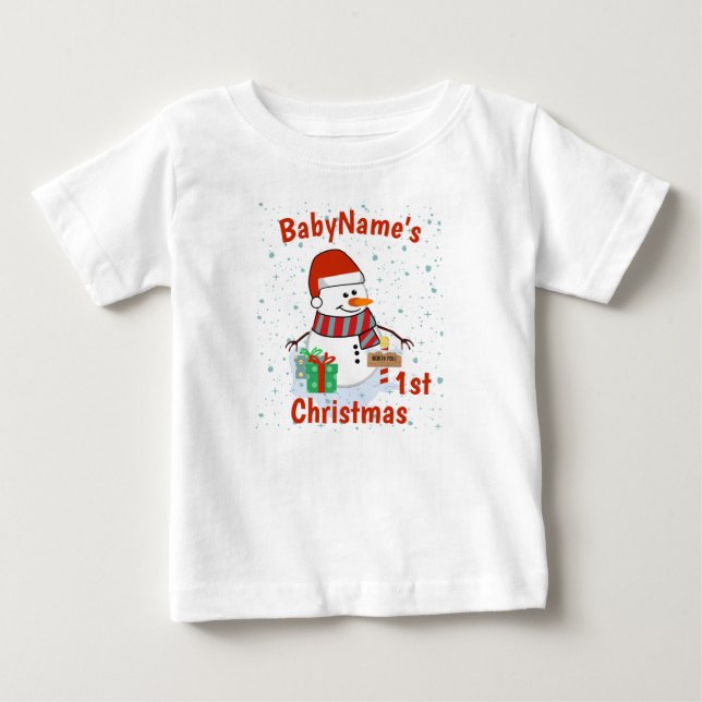 Min första jul med namn söta snögubbar t shirt (Framsida)