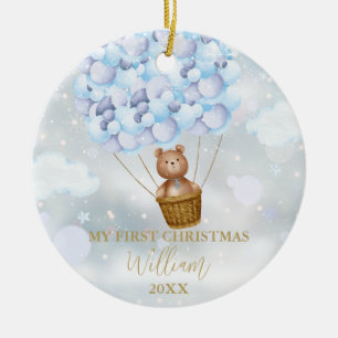 Min första jul Nallebjörn Blå ballonger Foto Julgransprydnad Keramik