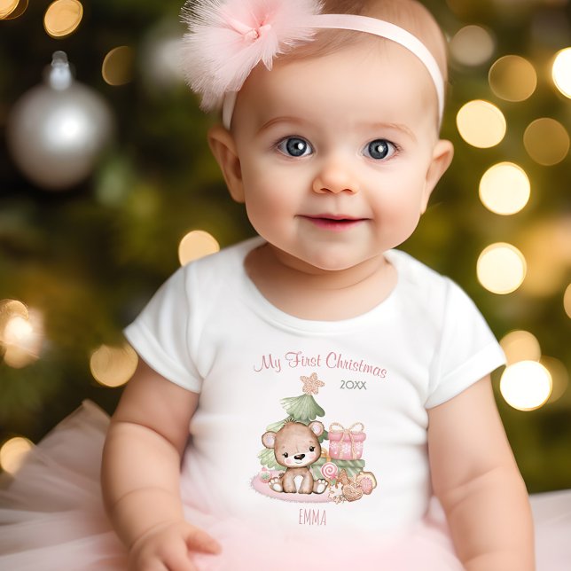 Min första jul Namn Bear Rosa Julgran T Shirt (My First Christmas Name Bear Pink Christmas Tree Baby T-Shirt)