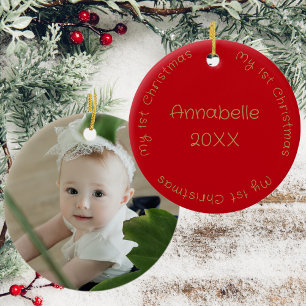 Min första jul Namn och Photo Red och Guld Julgransprydnad Keramik