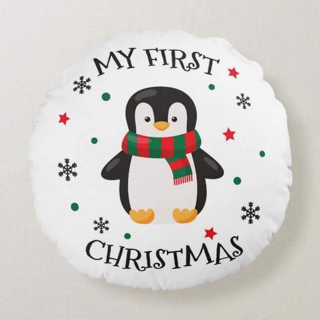 Min första Jul-penguin-runda Pillow Rund Kudde (Framsidan)