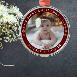 Min första jul-Personlig Baby Photo Red Julgransprydnad Metall