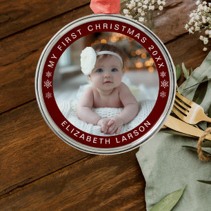 Min första jul-Personlig Baby Photo Red Julgransprydnad Metall