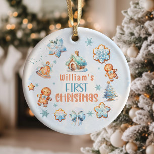 Min första jul Pojkcookie blå snöflinga Julgransprydnad Keramik