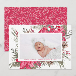 Min första Jul Red Poinsettia Baby Photo Julkort