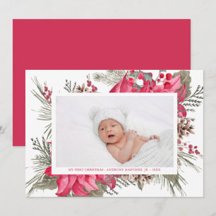 Min första Jul Red Poinsettia Baby Photo Julkort