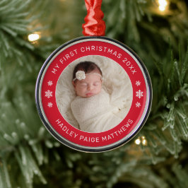 Min första jul röda personliga babyfoto julgransprydnad metall