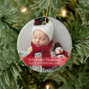 Min Första Jul Röda Rand Anpassad Baby Foto Julgransprydnad Keramik