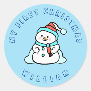 Min första jul Snögubbe Anpassningsbar Blue Runt Klistermärke