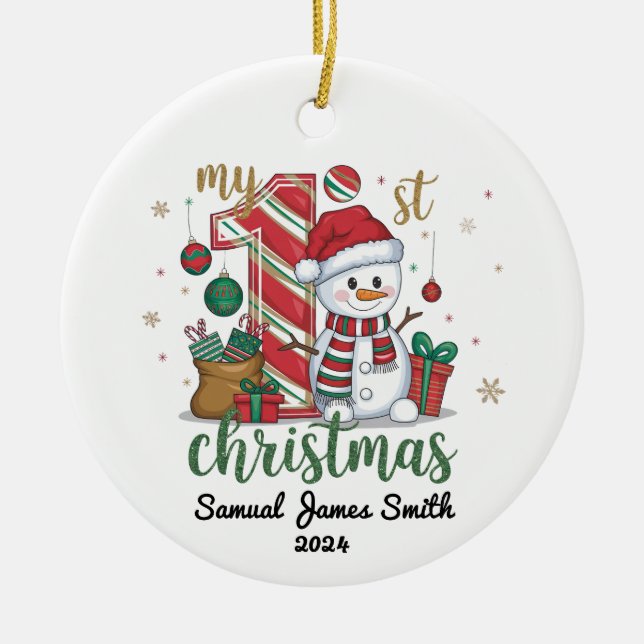 Min första jul Snögubbe - Anpassningsbar Julgransprydnad Keramik (Framsidan)