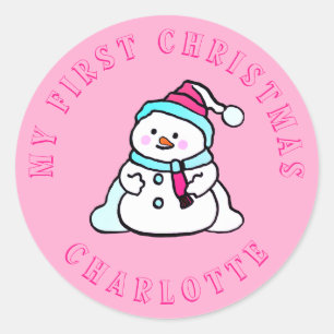 Min första jul Snögubbe Anpassningsbar Rosa Runt Klistermärke