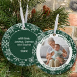 Min första jul som | Fotofilm Grönt Snowflake Julgransprydnad Keramik<br><div class="desc">Min första dekorativa personlig för jul med din bild och anpassningsbar. Denna helgdag är grönt och dekorerad med vitt snöflingor. Det är skrivet med "mina första julklappar som underbara mormor" och ni är välkomna att redigera "som underbart mormor" till den ordalydelse ni väljer. Baksidan har mer snöflingor och kopieringsutrymme för...</div>