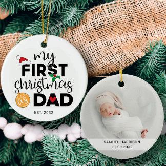 Min första jul som pappa med namn och foto julgransprydnad keramik