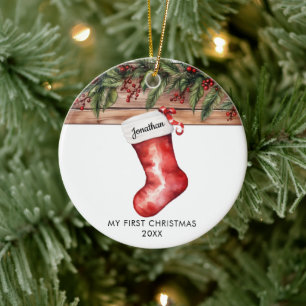 Min första jul söta strumpa baby pojke flicka julgransprydnad keramik