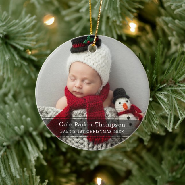 Min första jul Svart randig anpassad babyfoto Julgransprydnad Keramik (Träd)