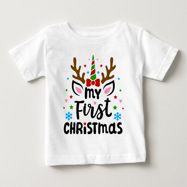 Min första jul typografi Söt enhörning T Shirt (Framsida)