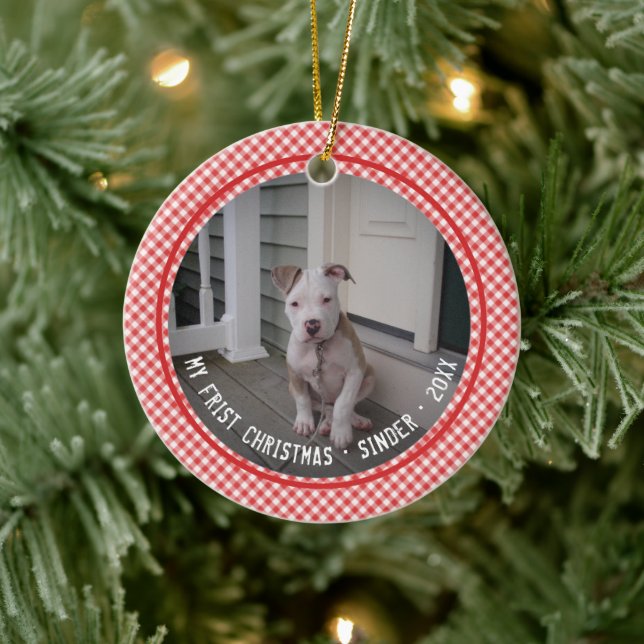 Min Första Jul Valp Husdjur Röd Gingham Minnessak Julgransprydnad Keramik (Träd)