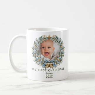 Min första julbaby nyfödd blå snöflinga kaffemugg