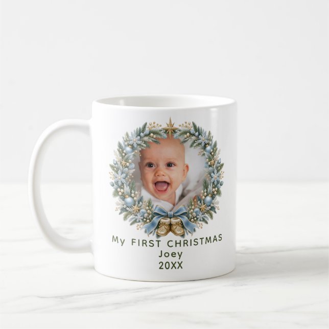 Min första julbaby nyfödd blå snöflinga kaffemugg (Vänster)