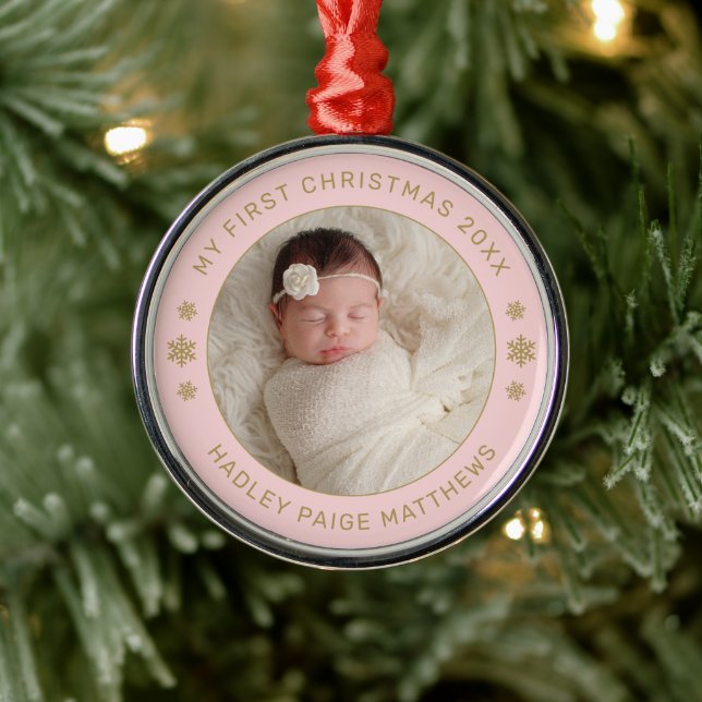 Min första julhälsning Rosa Personlig Baby Photo Julgransprydnad Metall (Träd)