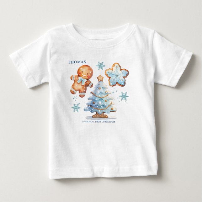 Min första julhelg Gingerbröd Boy Snowy Träd T Shirt (Framsida)