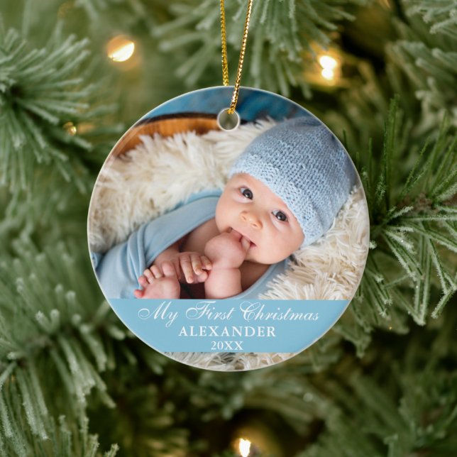 Min första julklapp Baby Photo Light Blue Julgransprydnad Keramik (Träd)