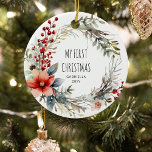 Min första julklapp, botaniskt andningsskydd julgransprydnad keramik<br><div class="desc">Personligen "Min första jul",  botaniskt prydnadsämne för festiv krans.</div>