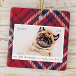 Min första julklapp för hemmapappen julgransprydnad keramik<br><div class="desc">Den här enkla och klassiska designen består av serif-typografi och lägger till ett foto till ett husdjur i anpassningsbarna. "Min första jul i mitt eviga hem" tillägger designen.</div>