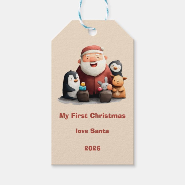 Min första julklapp, tomten och djuren presentetikett (Framsidan)