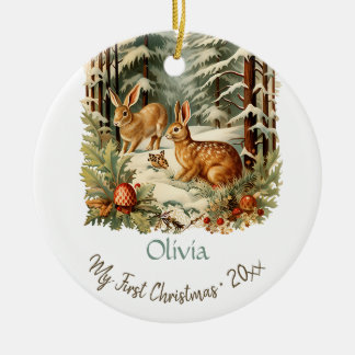 Min första julklapp, Vintagen Bunnies Baby Namn Julgransprydnad Keramik