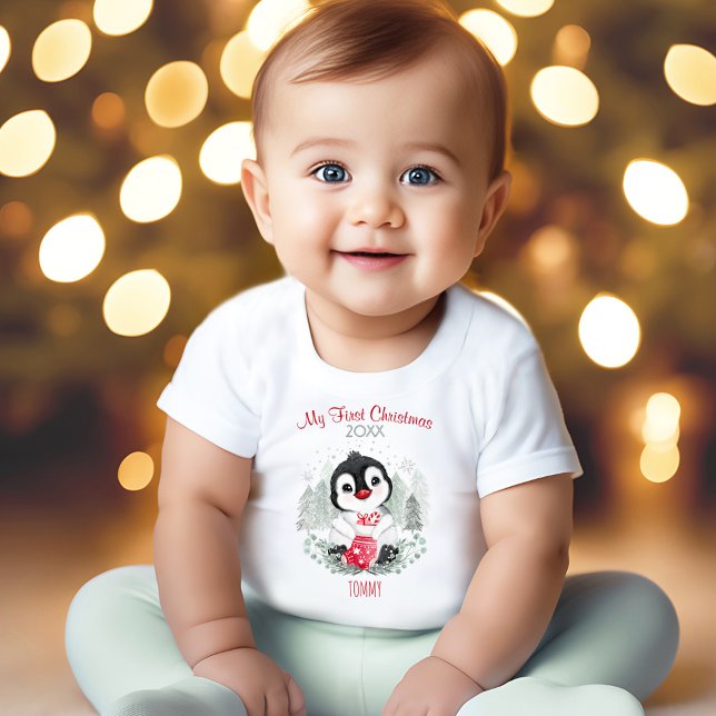 Min första julpenguin Personlig Namn T Shirt (My First Christmas Penguin Personalized Name Baby T-Shirt)