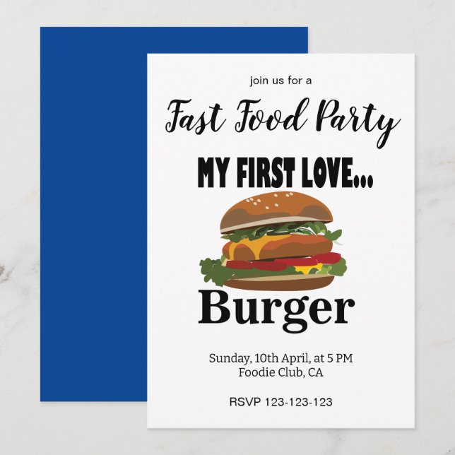Min Första Kärlek Burger Snabbmat Festa Inbjudningar (Fram/baksida)