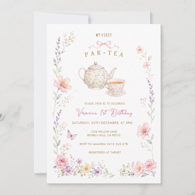 Min första Par-Tea födelsedag vildblomma  Inbjudningar (Framsida)