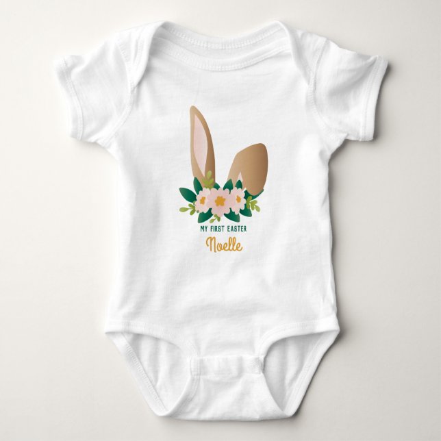 Min första Påsk! Brown Bunny Öron Blommigt Headbit T Shirt (Framsida)