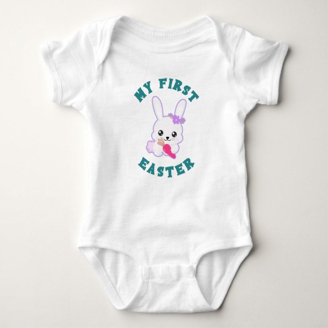 Min första Påsk Girl's White Baby Bodykostym T Shirt (Framsida)