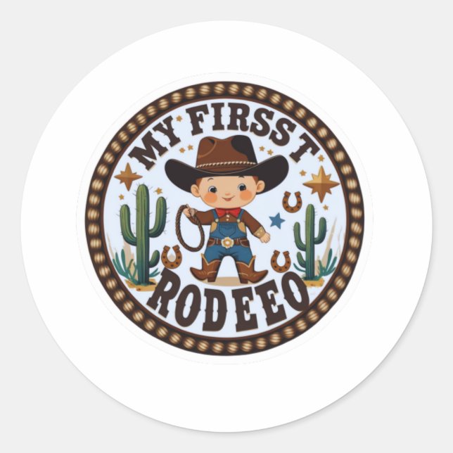 Min första Rodeo Baby Sticker - Cute Cowboy Baby R Runt Klistermärke (Framsida)