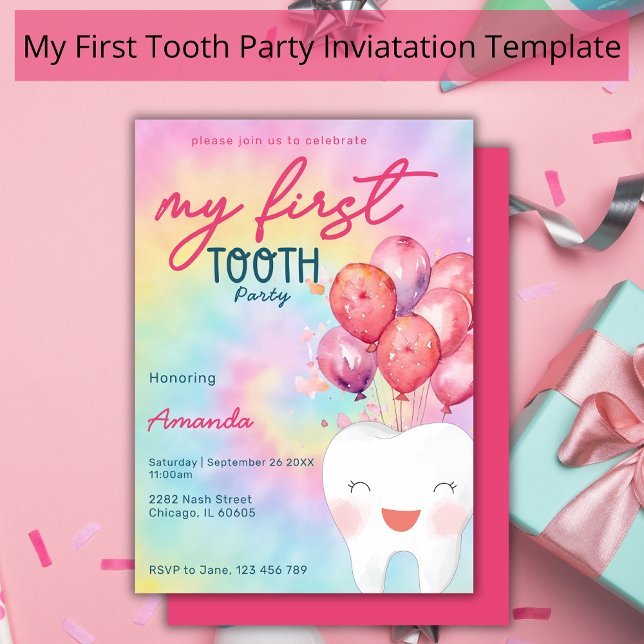 Min första tand Party Tie Dye Balloon Girly Inbjudningar (Skapare uppladdad)