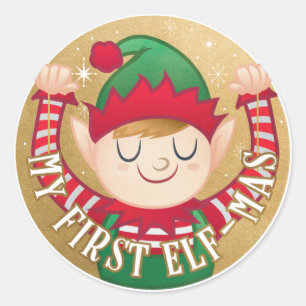 Min Första Tomte-Jul Tomtens Alv Grön och Röd Runt Klistermärke