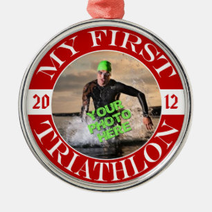 Min första Triathlon - anpassadefoto och år Julgransprydnad Metall