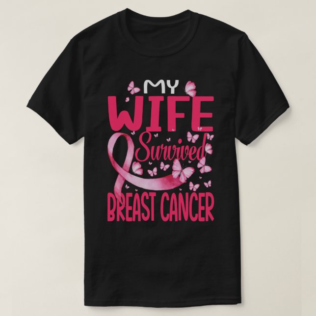 Min fru Överlevde bröstcancermedvetande Survivor T Shirt (Design framsida)