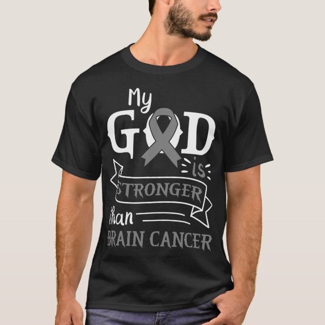 Min Gud är starkare än Brain Cancer Grått Ribbon T Shirt (Framsida)