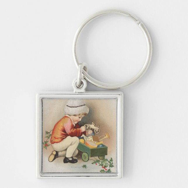 Min julönskanKid som iakttar Leksaker Fyrkantig Silverfärgad Nyckelring (Framsidan)