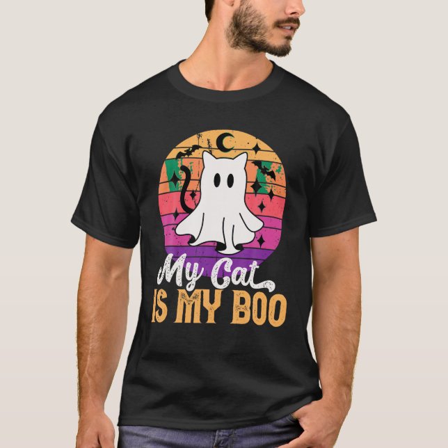 Min katt är min Boo Ghost Cat Halloween Funny Pun  T Shirt (Framsida)