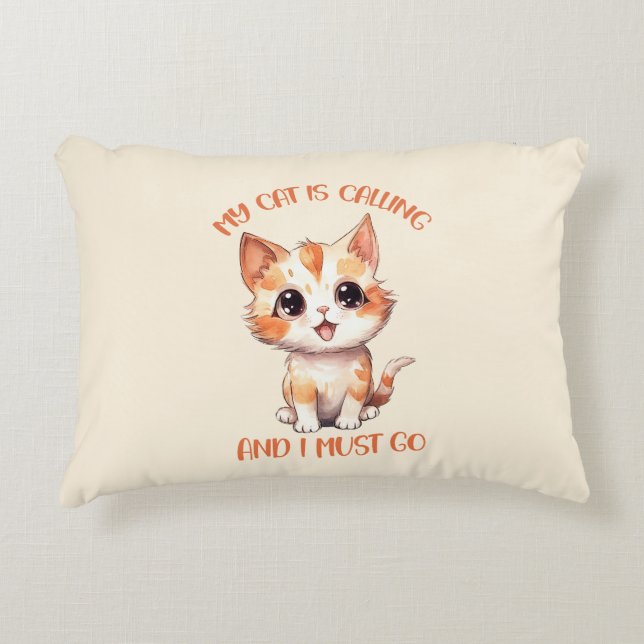Min katt kallar på Cute Orange Cat Prydnadskudde (Framsidan)