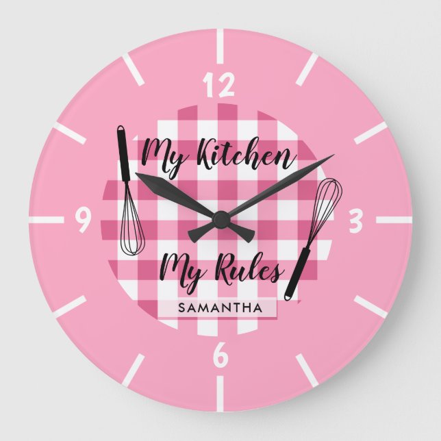 Min Kitchen Min Regler Rosa Gingham Farmhouse Stor Klocka (Framsida)