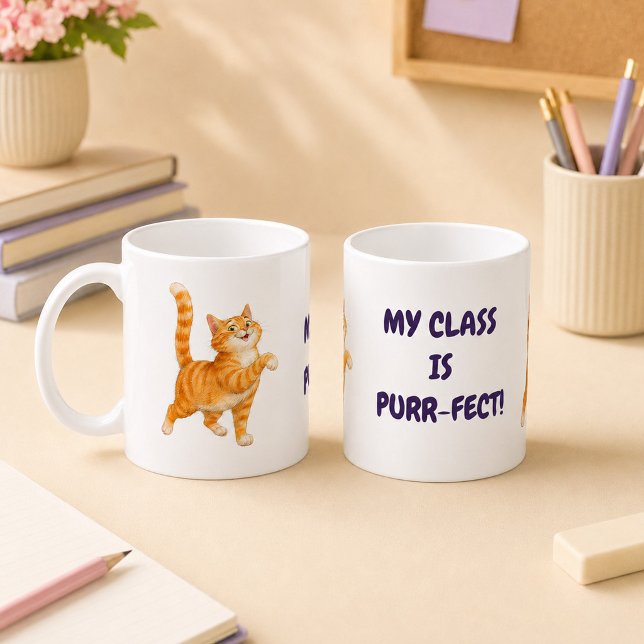 Min klass är päls-perfekt Orange Katt Lila Lärare Kaffemugg (My Class Is Purr-fect Orange Cat Purple Teacher Coffee Mug)