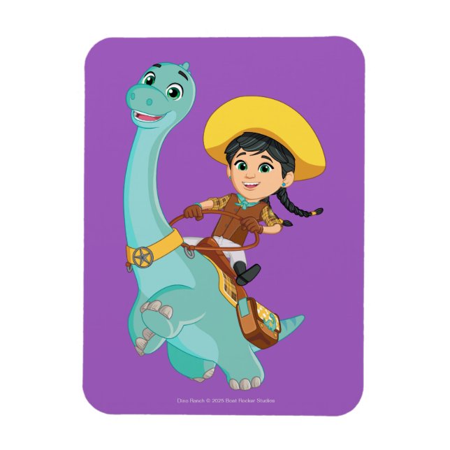 Min & Klöver | Lycklig Cowgirl & Brontosaurus Ride Magnet (Vertikal)