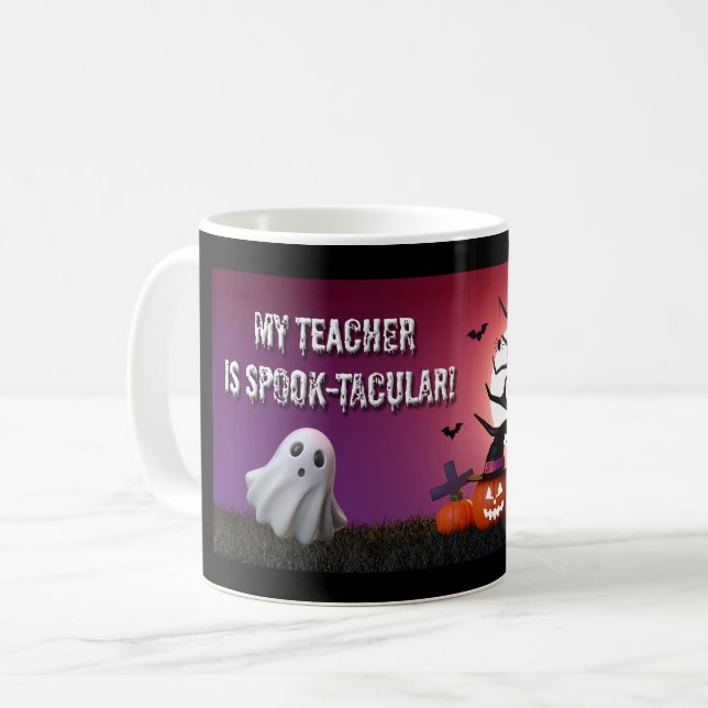 “Min lärare är spök‑spektakulär!” Halloween-mugg Kaffemugg (Framsida vänster)