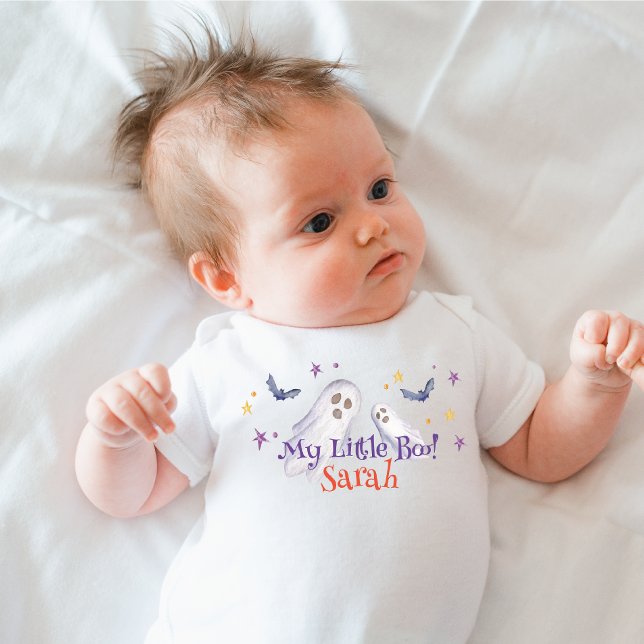 Min lilla Boo Baby Shower Halloween T Shirt (little boo Halloween baby bodysuit, Cute ghost, purple)